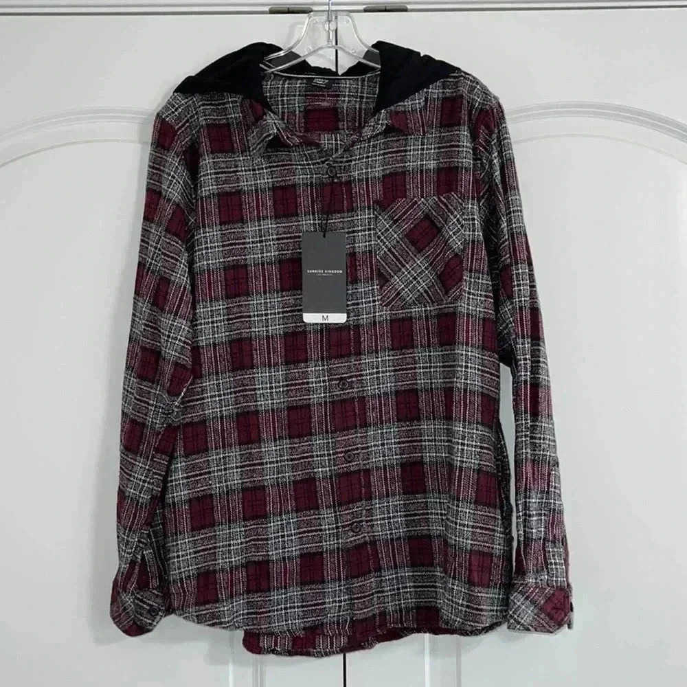 Long Sleeve Hooded Flannel Button-Down Shirt​​